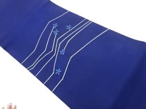 絽塩瀬手描き銀彩変わり横段に花々模様刺繍開き名古屋帯（額縁仕立て）